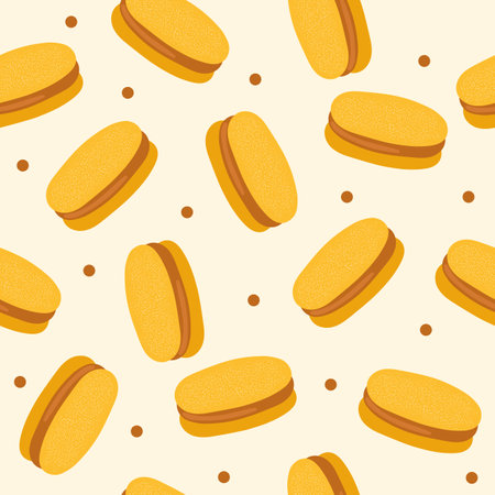 Seamless pattern - Alfajor de maicena, traditional Chilean sandwich cookies filled with condensed milk or jam. Endless cartoon textureのイラスト素材