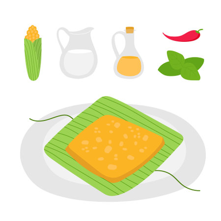 Homemade Mexican food. Tamales or humita. Dish ingredients. Recipe icons on white background. Spices traditional food vector.のイラスト素材