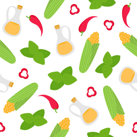 Background with corn, pepper, basil, oil. Ingredients for Mexican cuisine. Seamless pattern on a white background. For cookbook, packaging.のイラスト素材