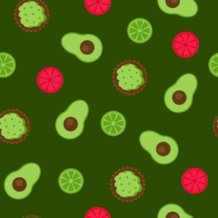 Seamless pattern with Mexican traditional Guacamole sauce with lime on green background with avocado. Vector illustration. Cute endless backgroundのイラスト素材