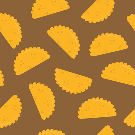 Empanada seamless doodle pattern, vector illustration. Traditional mexican dish on brown background.のイラスト素材