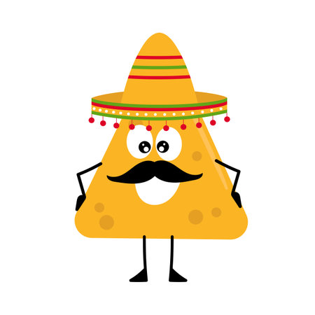 Nachos in sombretro. Cheerful character with smile and mustache. Traditional Mexican Cuisine. Cartoon on whiteのイラスト素材