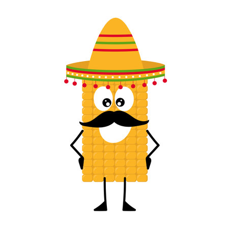 Vector mascot, cartoon and illustration of a mustache corn wearing sombrero. Traditional Mexican Cuisine. Cartoon on whiteのイラスト素材