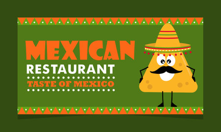 Nachos in sombretro. Cheerful character with smile and mustache. Traditional Mexican Cuisine. Landing banner with promo. Mexican restaurant.のイラスト素材