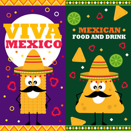Cartoon mexican food. Vertical vector banners with cheerful characters in sombretro, with mustache. Promo vector illustration. Mexican restaurant.のイラスト素材