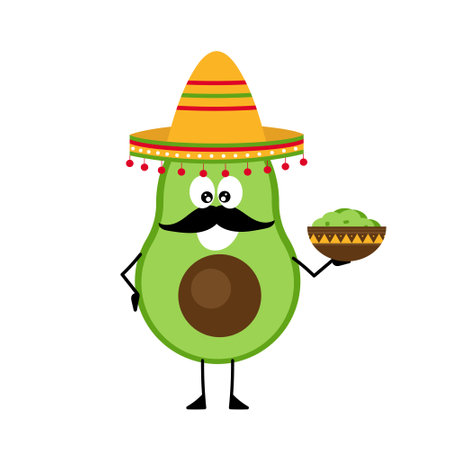 Cheerful cartoon avocado in a sombrero and with a mustache. The character is holding a bowl of guacamole in his hands.のイラスト素材