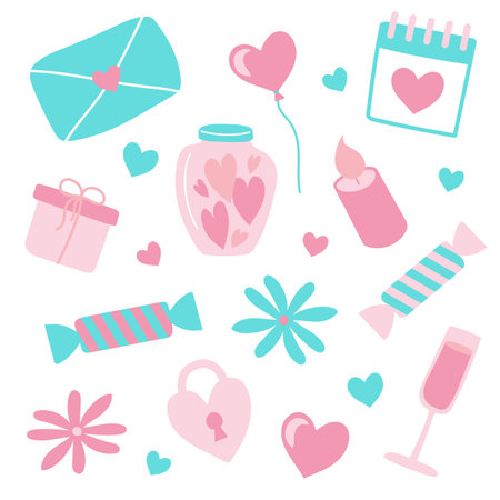 St. Valentine Day set. Hearts, heart-shaped lock, candies, balloon, envelope and flowers and other icons on whiteのイラスト素材