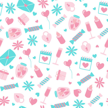 Valentine Day seamless pattern. On white background vector images of hearts, envelope, candyのイラスト素材