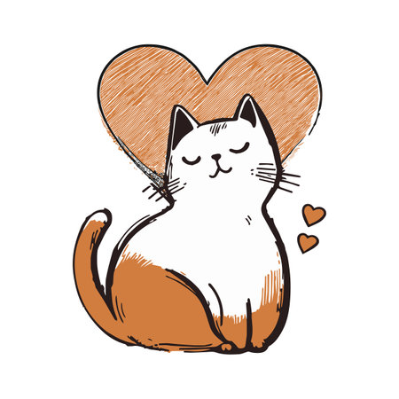 Vector isolated kitten with heart on a white background. Drawn vector character - cat design cute. Hand drawn styleのイラスト素材