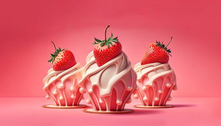 Cupcake with meringue and strawberries. Homemade cakes isolated on pink background. Flowing cream and fresh strawberries. AI-generatedの素材
