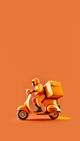 Delivery man on an orange scooter. courier service. vertical orange image. AI generated.の素材