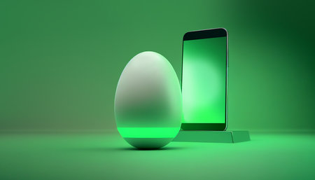 Smartphone with green screen and Easter egg with neon on green background. Hi-tech AI-generated bannerの素材