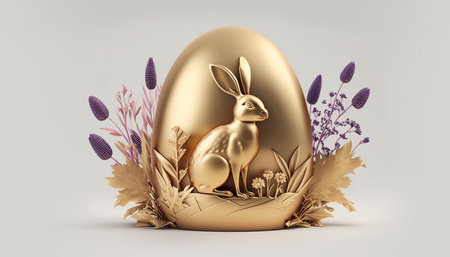 Easter decoration with easter bunny, golden egg and violet flowers on gray background. Easter AI-generated bannerの素材