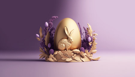 Easter decoration with easter bunny, golden egg and flowers on violet background. Easter AI-generated bannerの素材