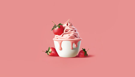 Strawberry yogurt or cream. fresh berries. AI generated. Pink background, banner for website or menuの素材