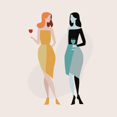 Two beautiful women friends drinking wine. Girls celebration together. Female friendship. Vector. Pastel trendy colors. For postcard, poster, bannerのイラスト素材