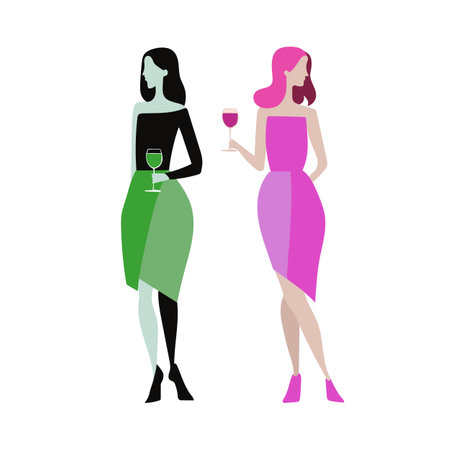 Two beautiful women friends drinking wine. Girls celebration together. Female friendship. Vector Illustration. Isolated on white backgroundのイラスト素材