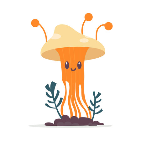 Cute mushroom. Cartoon fungus cordyceps. Mushroom spread concept. Microorganisms. Funny character on white backgroundのイラスト素材