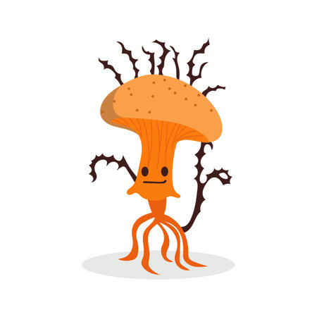 Cute mushroom. Cartoon fungus cordyceps. Mushroom spread concept. Microorganisms. Funny character on white backgroundのイラスト素材
