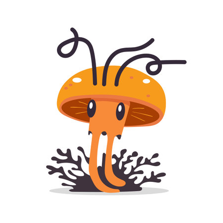 Cute mushroom. Cartoon fungus cordyceps. Mushroom spread concept. Microorganisms. Funny character on white backgroundのイラスト素材