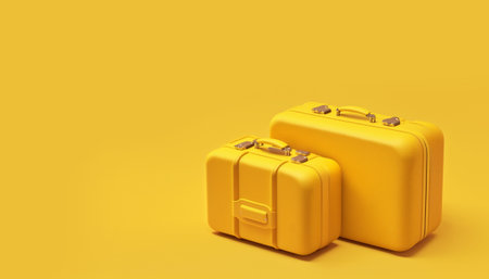 Yellow travel suitcases on a yellow background. AI-Generated illustration. Travel banner with space for textの素材