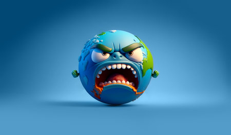 AI Generated Cartoon character - angry planet earth with eyes on blue banner background. Planet pollution conceptの素材