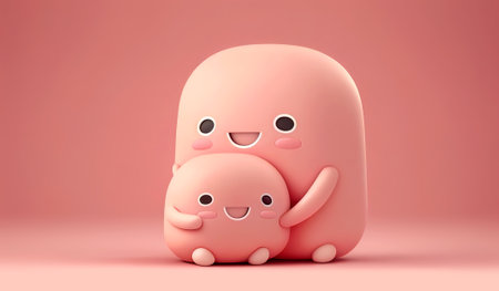 Lovely creatures embrace. Mothers hugs. Friendship. Cute abstract characters on a pink background. Mothers Day. AI Generatedの素材