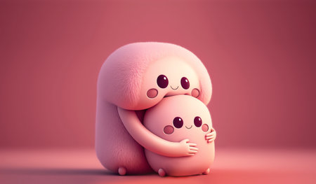 Lovely creatures embrace. Mothers hugs. Friendship. Cute abstract characters on a pink background. Mothers Day. AI Generatedの素材