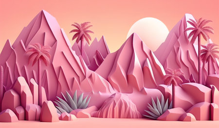 AI Generated illustration of palm trees and mountains. Travel and paradise island concept on pink backgroundの素材