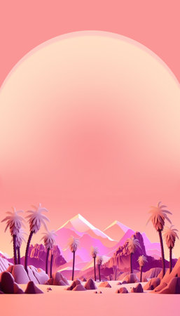 AI Generated illustration of palm trees and mountains. Travel and paradise island concept on pink background. Vertical photoの素材