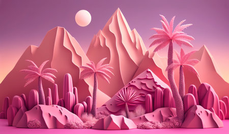 AI Generated illustration of palm trees and mountains. Travel and paradise island concept on pink backgroundの素材