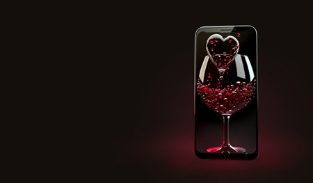 AI Generated banner with smartphone and glass of wine on black background. Online dating and romantic dating concept. Augmented realityの素材