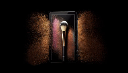 AI-generated banner. Cosmetic brush and glitter powder or eye shadow on phone screen background and black background. Banner for advertising makeup artist apps. Online store of cosmetics.の素材