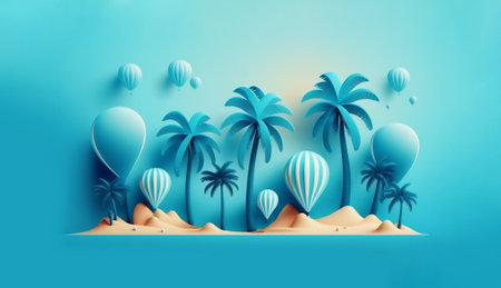 AI-generated banner. Hot air balloons flying in sky above tropical island with palm trees in ocean.の素材