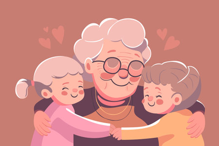 Granny and grandchildren are hugging, happy grandmother with smiling kids. Senior Insurance concept illustration, family relations vector.のイラスト素材