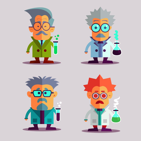 Set of vector cartoon crazy scientists. Doctor with test tubes and poison. Funny characters isolated on background.のイラスト素材