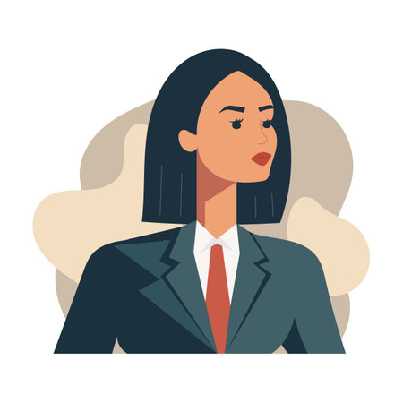A business woman. Avatar of a brunette girl. Red lipstick on the lips. Vector illustration for banner or poster on white. Flat design, modern colorsのイラスト素材