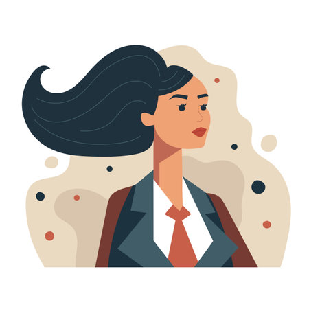 A business woman. Avatar of a brunette girl. Red lipstick on the lips. Vector illustration for banner or poster on white. Flat design, modern colorsのイラスト素材