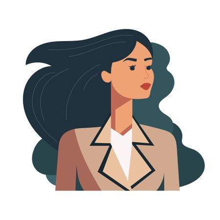 A business woman. Avatar of a brunette girl. Red lipstick on the lips. Vector illustration for banner or poster on white. Flat design, modern colorsのイラスト素材