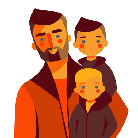 Father and sons. Stylish vector illustration in modern flat style. Cartoon picture. On a white background for postcard Father Dayのイラスト素材