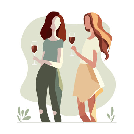 Two beautiful women friends drinking wine. Girls celebration together. Female friendship. Vector. Pastel trendy colors. For postcard, poster, bannerのイラスト素材