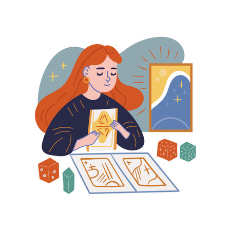 A young girl lays out tarot cards. The concept of divination, numerology and predictions. Modern flat design on white backgroundのイラスト素材