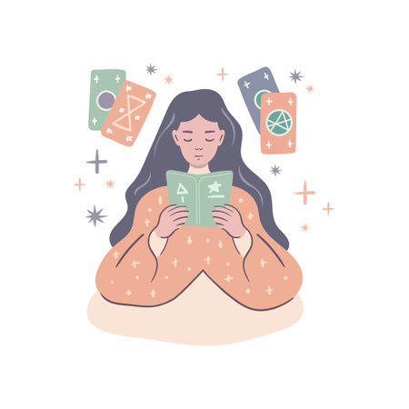 Young girl is reading book about magic and tarot cards. The concept of divination, numerology and predictions. Modern flat design on white backgroundのイラスト素材