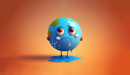 AI Generated cartoon character planet earth. Hot weather, global warming concept. Sad planet on an orange background.の素材
