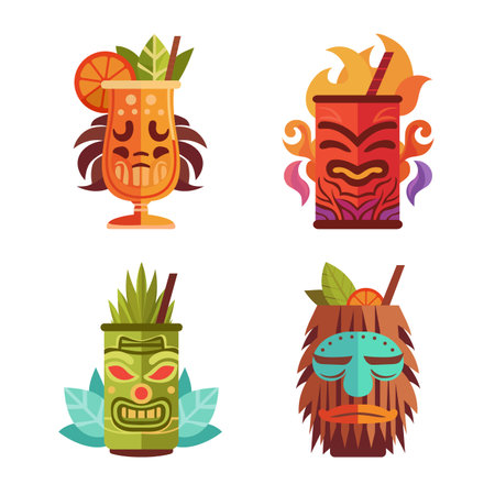 Tiki Bar set with exotic cocktails in mug with Tiki mask. Hawaiian traditional elements. Isolated on white background. Vector cartoon styleのイラスト素材