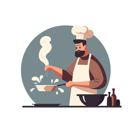 Man cooking in kitchen. Bearded male chef. Person cooking food. Man cooking at home. Cartoon vector illustration isolated on white.のイラスト素材