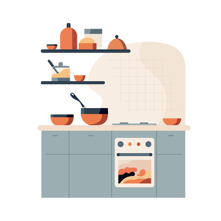 Simple kitchen interior. Cartoon cookware and household. Modern decor. Flat vector illustration on whiteのイラスト素材