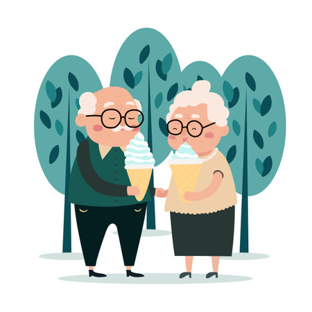 Elderly people healthy active lifestyle flat composition with senior couple eating ice cream in park vector illustrationのイラスト素材