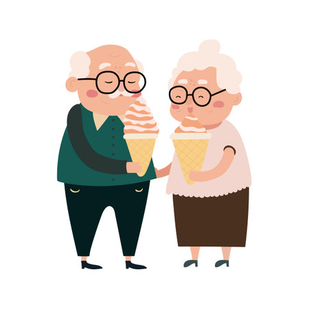 Elderly people healthy active lifestyle flat composition with senior couple eating ice cream on white vector illustration. Grandmother and grandfatherのイラスト素材