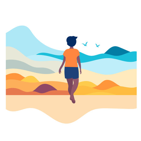 The boy is walking along the coast. Summer mood. Holidays at sea. Sunset. Cartoon illustration on white backgroundのイラスト素材